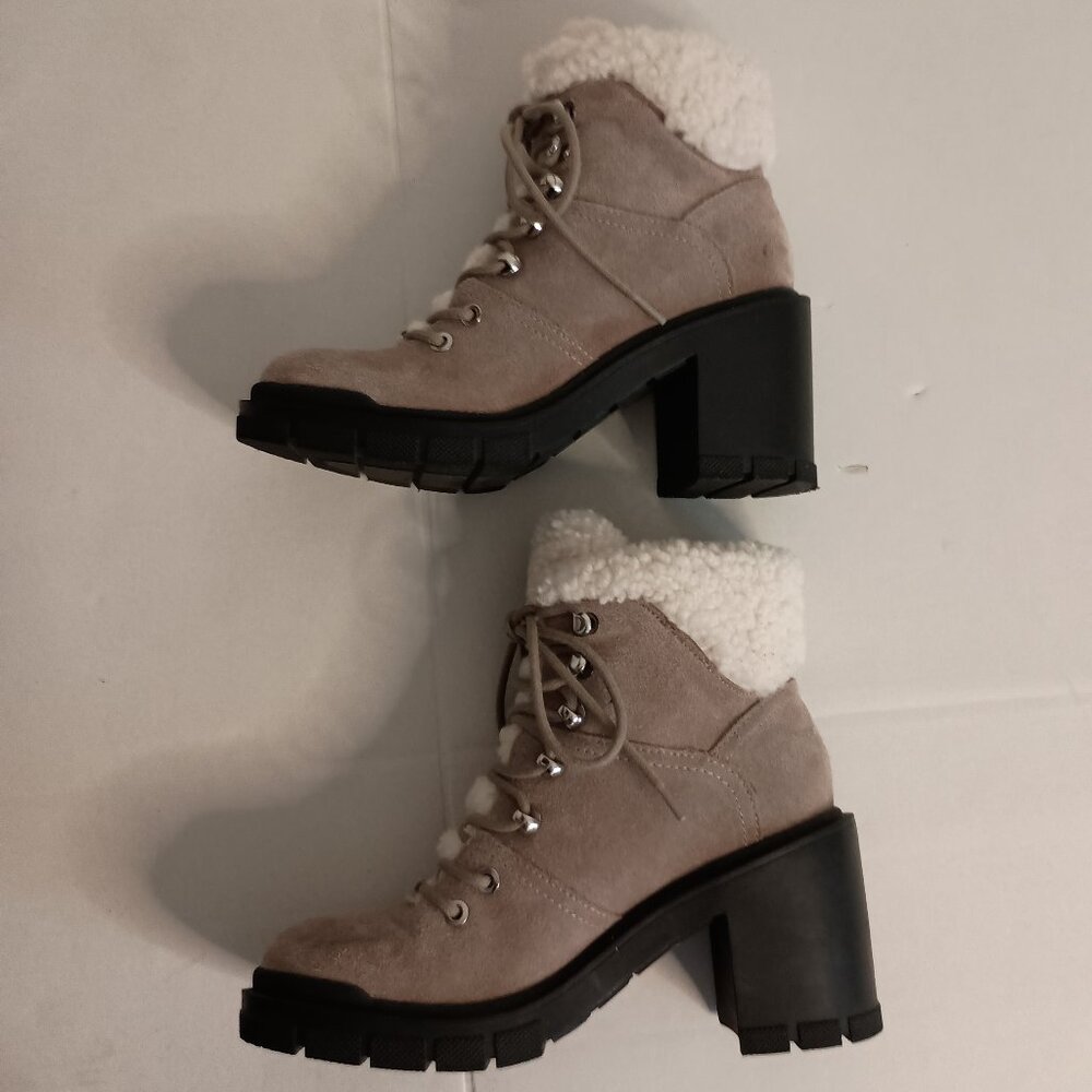 Marc Fisher Vacinta Gray Suede Shearling Heeled Combat Booties Women’s 6.5 - Picture 5 of 11